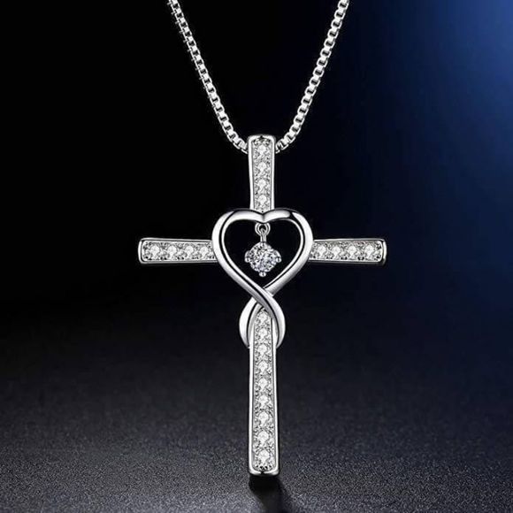 Sterling Silver CZ Heart Cross Faith Necklace 💜✝️ NWOT - Picture 4 of 4